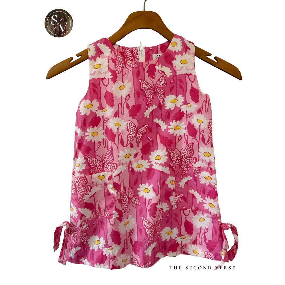 Lilly Pulitzer Dress Kids Preppy Butterfly Floral Side Tie Pink Small 4-5